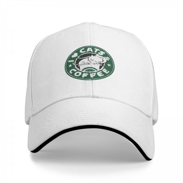 Black baseball cap with I Love Cats & Coffee graphic print