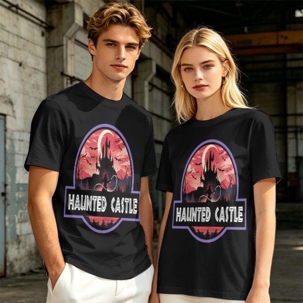 Olive T-Shirt with Haunted Castle Silhouette Graphic Design