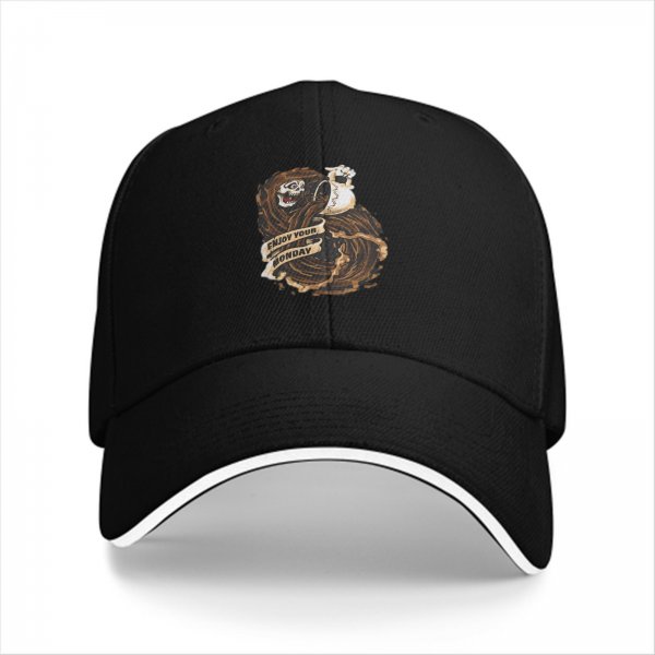Black baseball cap with 'Enjoy Your Monday' grim reaper coffee graphic