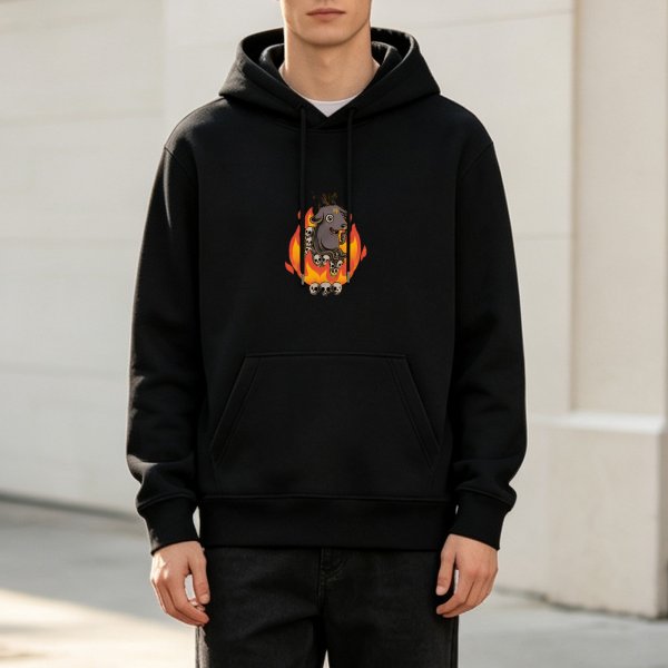 Black hoodie with cartoon devil on flames and skulls graphic