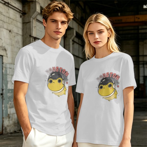 Olive green t-shirt with space frog graphic and Houston text