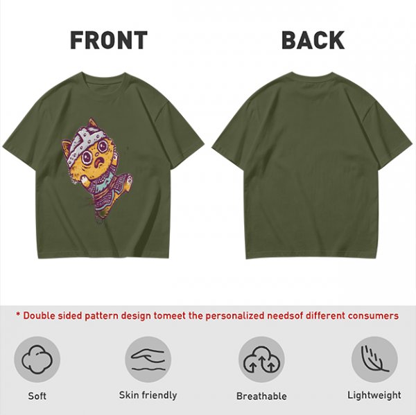 Olive T-Shirt With Scared Viking Cat Graphic Print