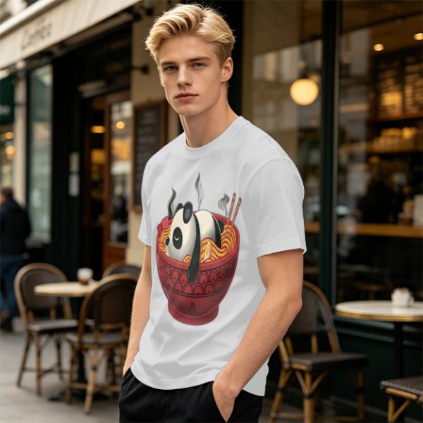 Olive green t-shirt with a panda relaxing in a steaming ramen bowl print