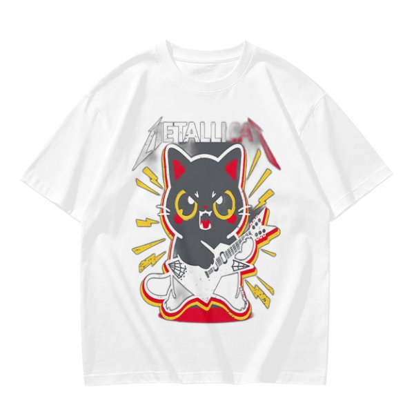 Olive green graphic t-shirt with a cartoon metal cat playing guitar