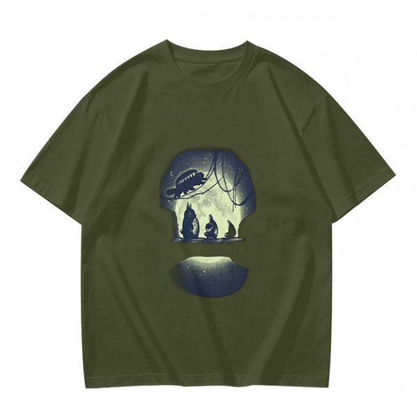 Olive T-Shirt With Skull Silhouette Print Featuring Forest Spirits