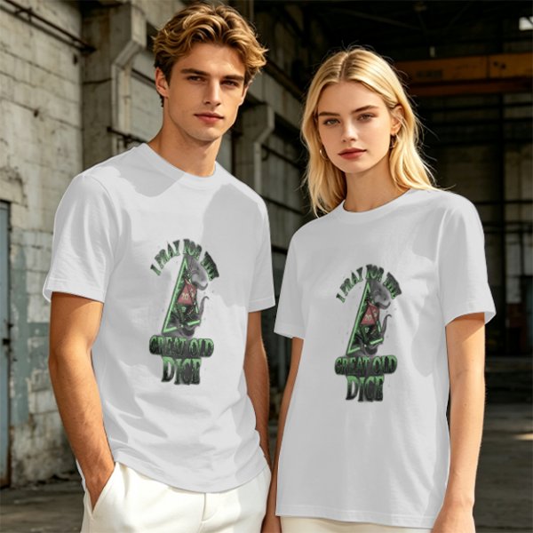 Olive t-shirt with 'Pray for the Great Old Dice' cosmic horror print