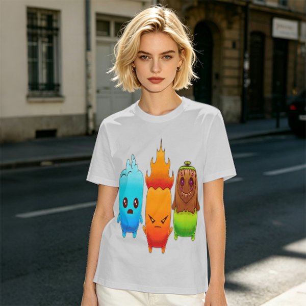 Olive T-Shirt With Cute Water Fire And Earth Elemental Characters