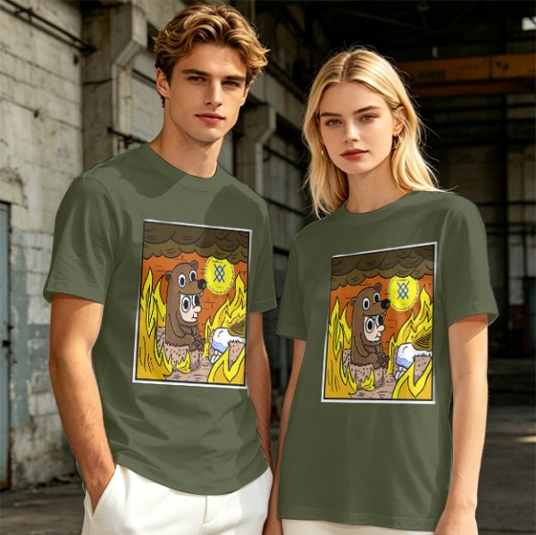 Olive T-shirt with Cartoon Bear Costume Figure in Flames Art