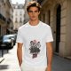 Olive graphic t-shirt with chainsaw man chasing scared person and 'Small Talk Does!' text