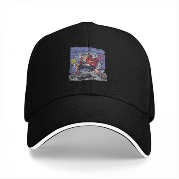 Black Baseball Cap With Graffiti Style Action Character Print