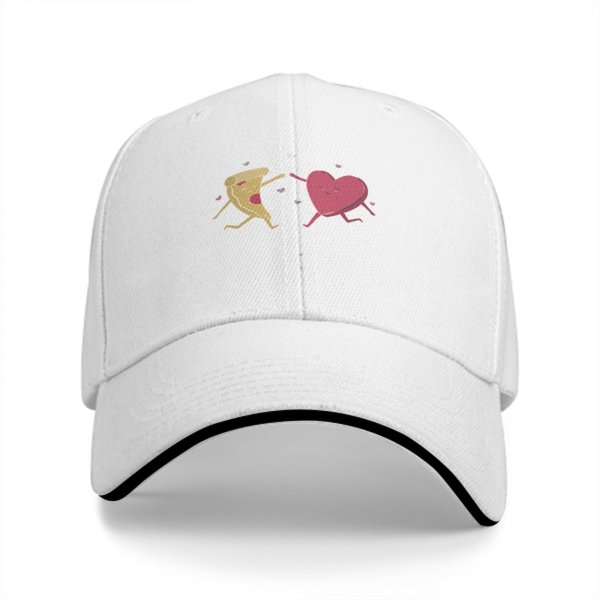 Black baseball cap with dancing pizza slice and pink heart design