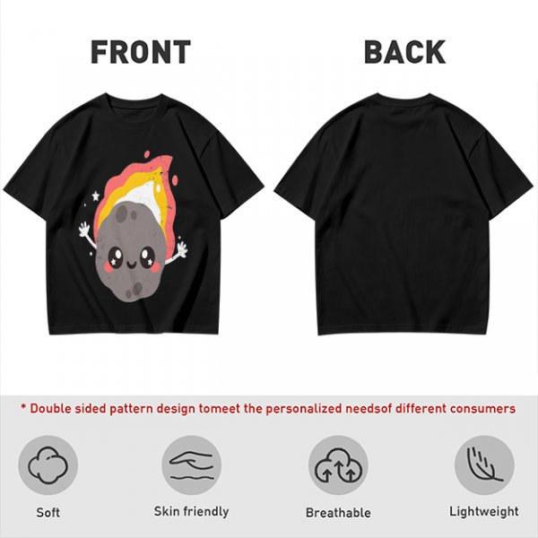 Olive green t-shirt with cute cartoon flaming asteroid graphic