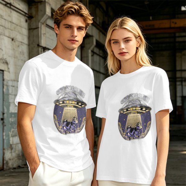 Olive Green T-Shirt with UFO Abducting Cow Graphic