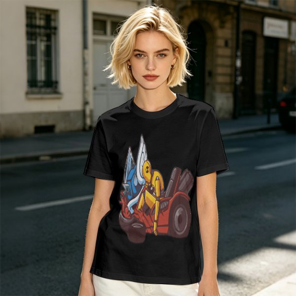 Olive T-Shirt With Cartoon Robot And Winged Vehicle Graphic