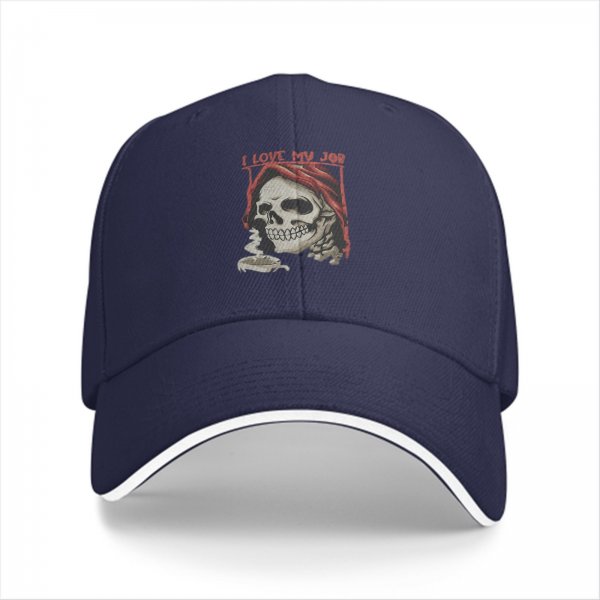 Black baseball cap with 'I Love My Job' grim reaper skull graphic
