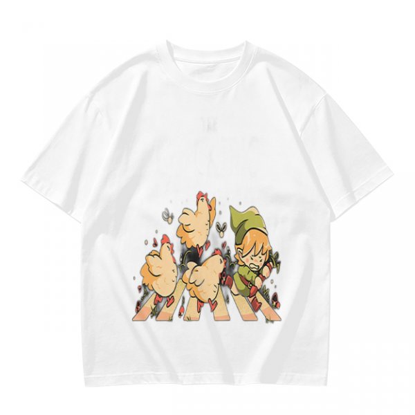 Olive Green T-Shirt With Chasing Chickens And Elf Character Print