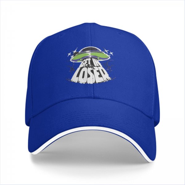 Black baseball cap with UFO and 'Get In Loser' graphic design