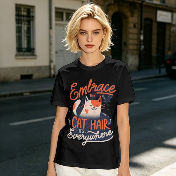 Olive T-Shirt with 'Embrace the Cat Hair It's Everywhere' Cat Graphic