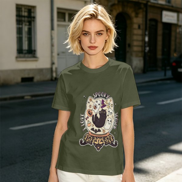 I Love Spooky Season Halloween Cat Ghost Graphic T-Shirt