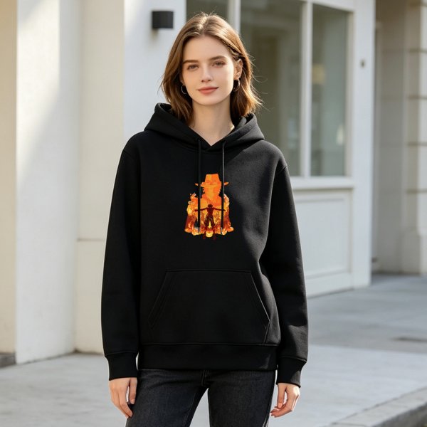 Black hoodie with anime fire silhouette graphic design
