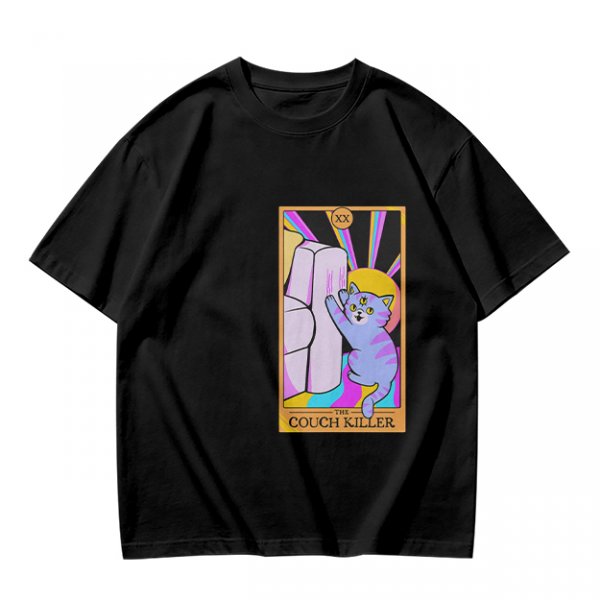 Olive green t-shirt with three-eyed cat couch killer tarot-style graphic