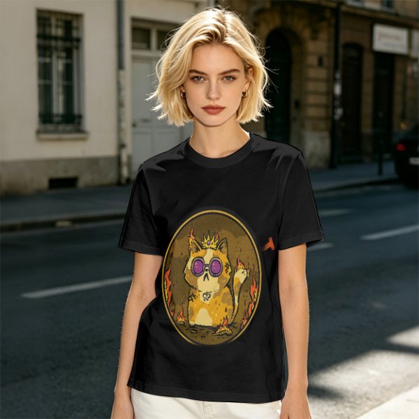 Olive T-Shirt With Flaming Royal Cat Portrait Print
