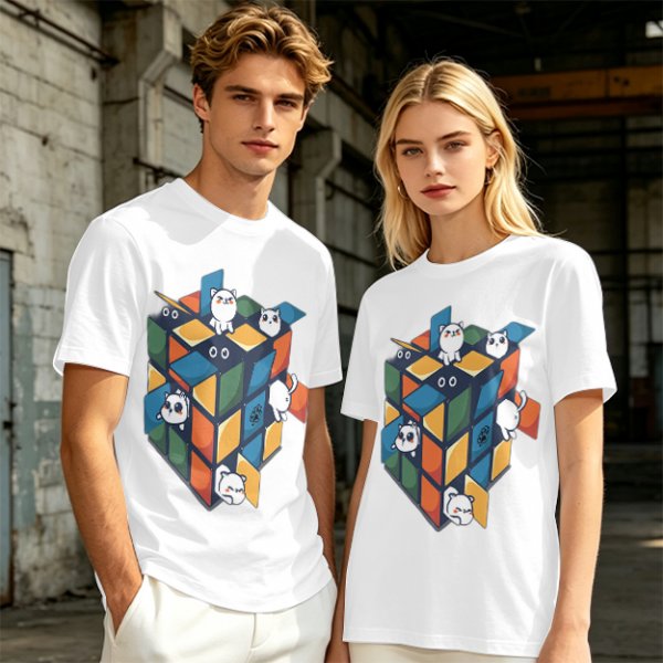 Olive T-Shirt With Cute Cats On A Rubik's Cube Graphic