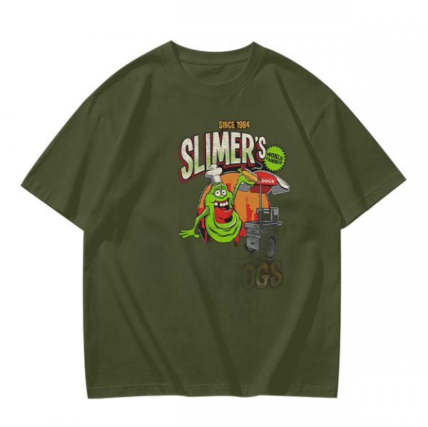 Olive green t-shirt with Slimer's Ghostbusters themed graphic print