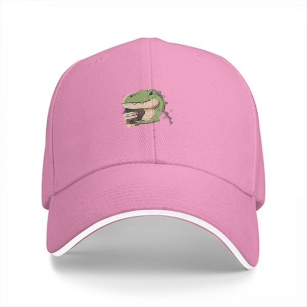 Black baseball cap with cute T-rex holding coffee graphic