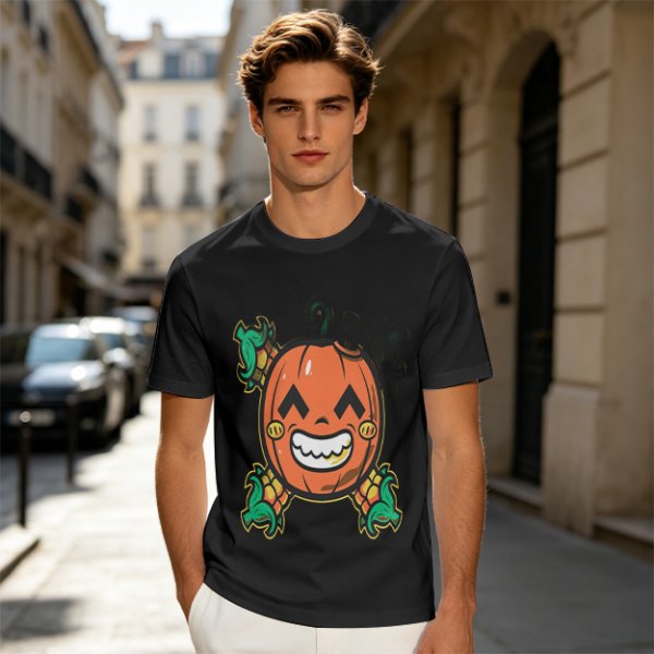 Olive T-Shirt with Smiling Pumpkin Corn Crossbones Graphic