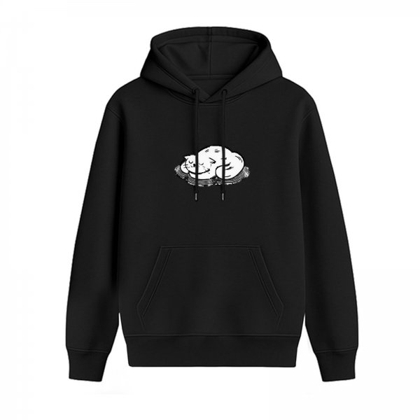 Black Hoodie With Sleeping Curled Cat Graphic Print