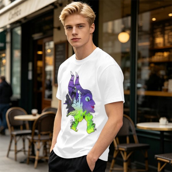 Olive green t-shirt with Maleficent fantasy silhouette graphic