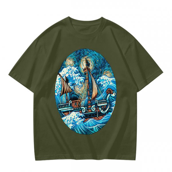 Olive T-Shirt With Starry Night Style Sailing Ship Ocean Art