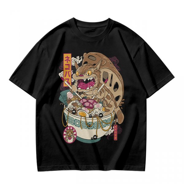 Olive t-shirt with cat bus ramen bowl graphic print