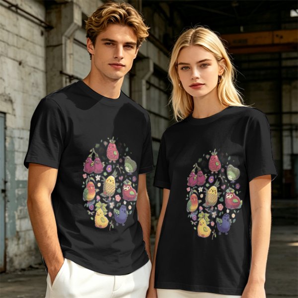 Olive Green T-Shirt With Whimsical Fruit Bird Graphic Print