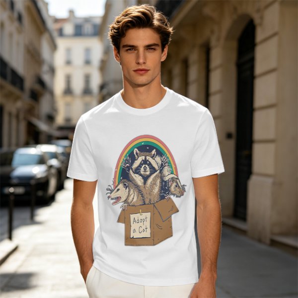 Olive T-Shirt With Raccoon Opossum Adopt A Cat Rainbow Print