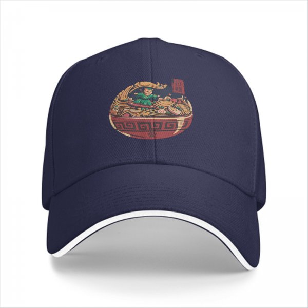 Black Baseball Cap With Ramen Bowl Cat Warrior Artwork