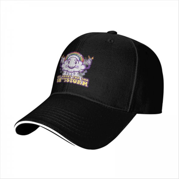 Black baseball cap with funny cloud rainbow storm graphic