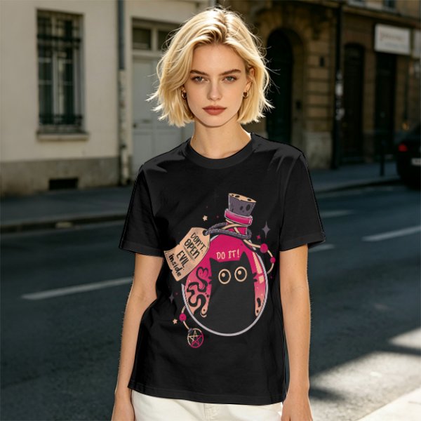 Olive T-shirt with a potion bottle holding a black cat that says don't open evil inside do it