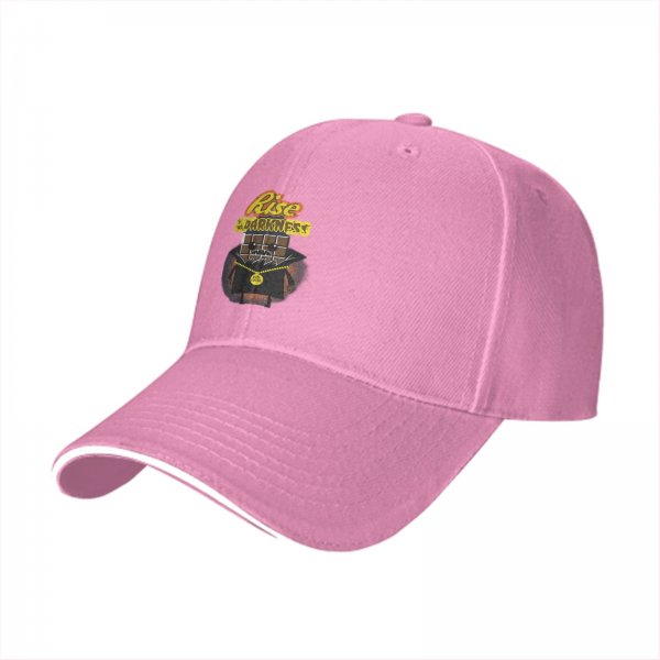 Black baseball cap with Rise Darkness block figure graphic