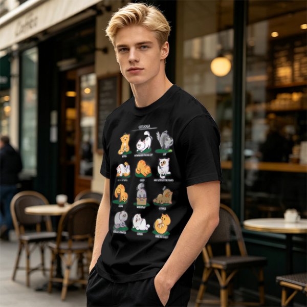 Olive Green T-Shirt With Cute Cat Yoga Pose Illustrations