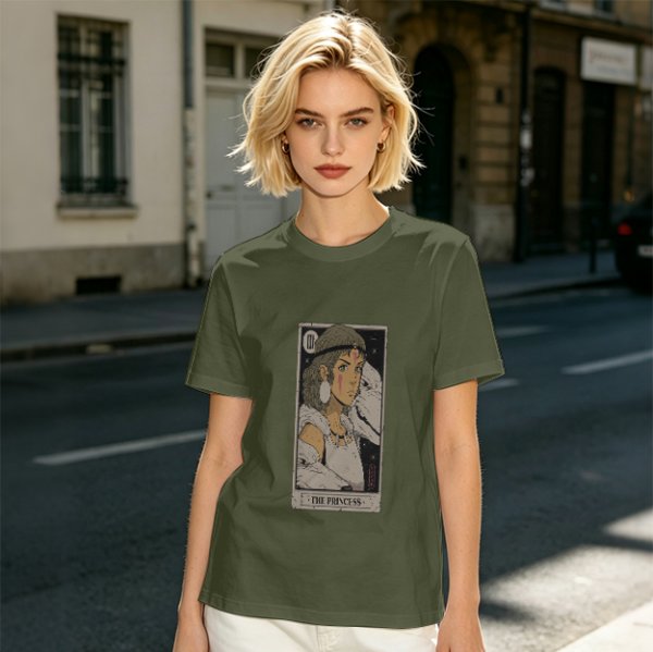 Olive Green T-Shirt With The Princess Tarot Card Style Anime Print