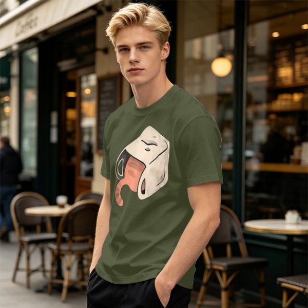 Olive T-Shirt With Whimsical Cat Mug Graphic Print