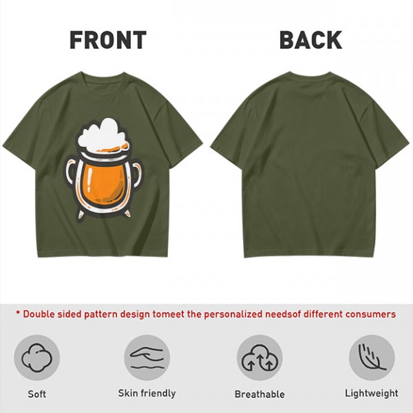 Olive Green T-Shirt With Stylized Beer Mug Graphic Print