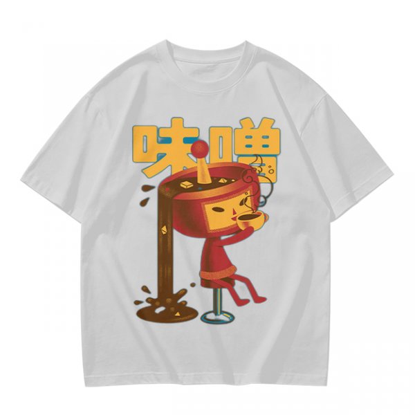 Olive green t-shirt with whimsical miso character graphic print