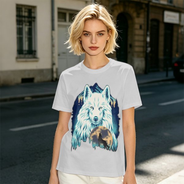 Olive T-Shirt With White Wolf And Howling Wolf Moon Graphic