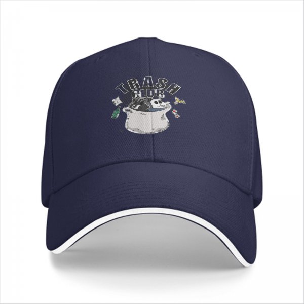 Black baseball cap with Trash Club graphic featuring cartoon mouse in trash can