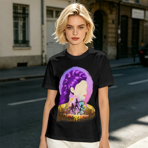 Olive T-Shirt With Purple Haired Woman And Concert Stage Print