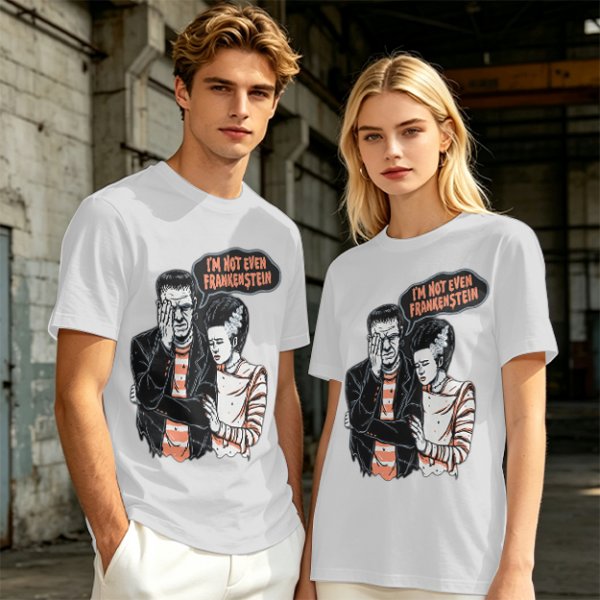 Olive T-shirt with Frankenstein and Bride 'I'm Not Even Frankenstein' Print