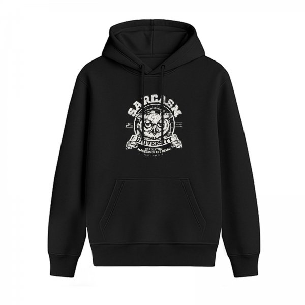 Black hoodie with Sarcasm University owl graphic print